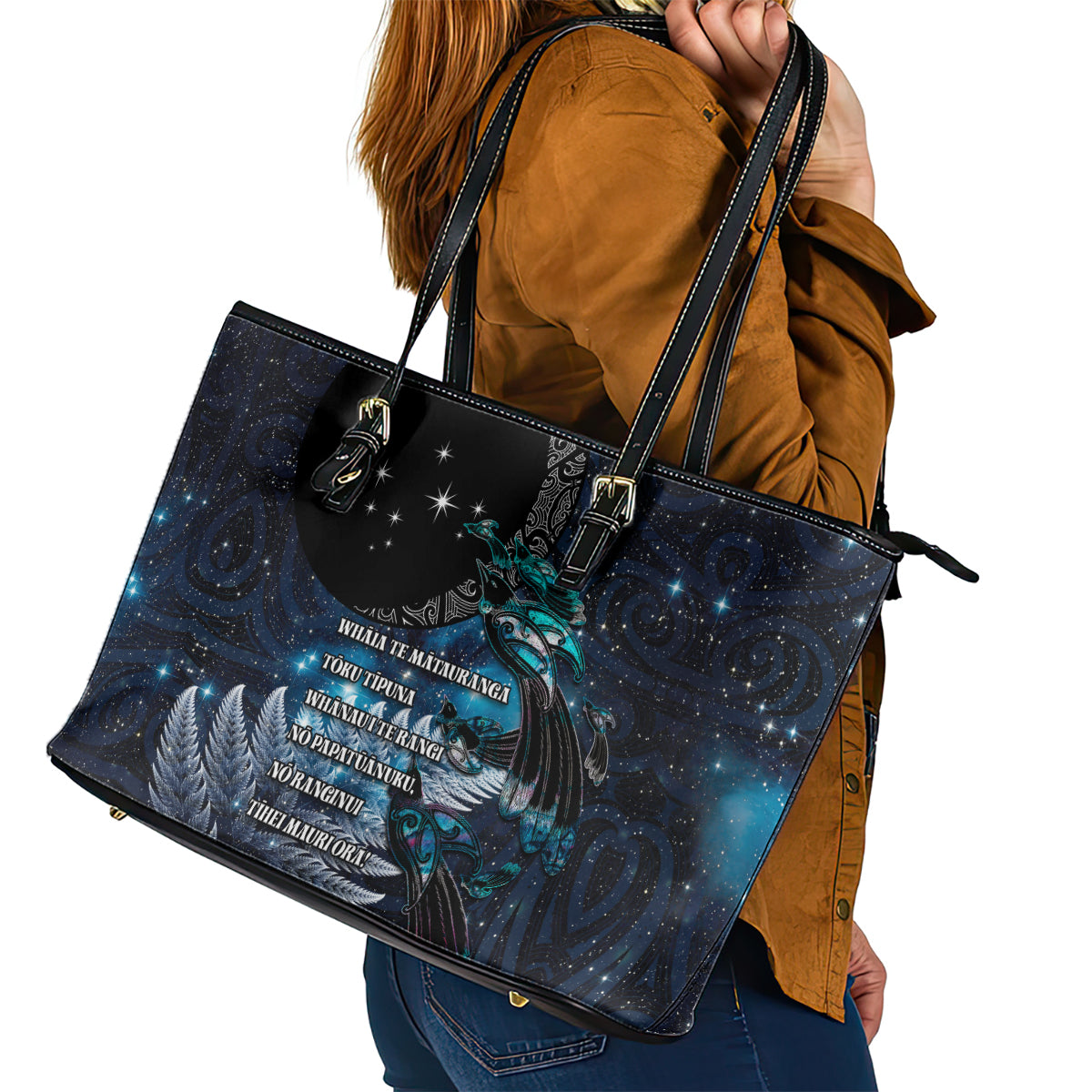 New Zealand Tui Bird Leather Tote Bag Matariki Poetry Pattern Galaxy Style