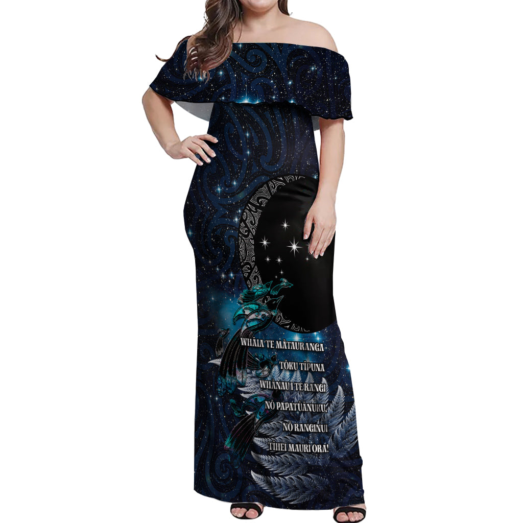 New Zealand Tui Bird Off Shoulder Maxi Dress Matariki Poetry Pattern Galaxy Style