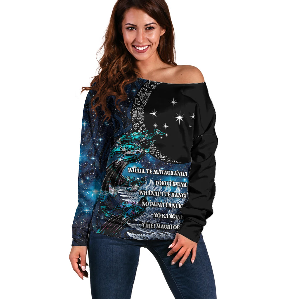 New Zealand Tui Bird Off Shoulder Sweater Matariki Poetry Pattern Galaxy Style