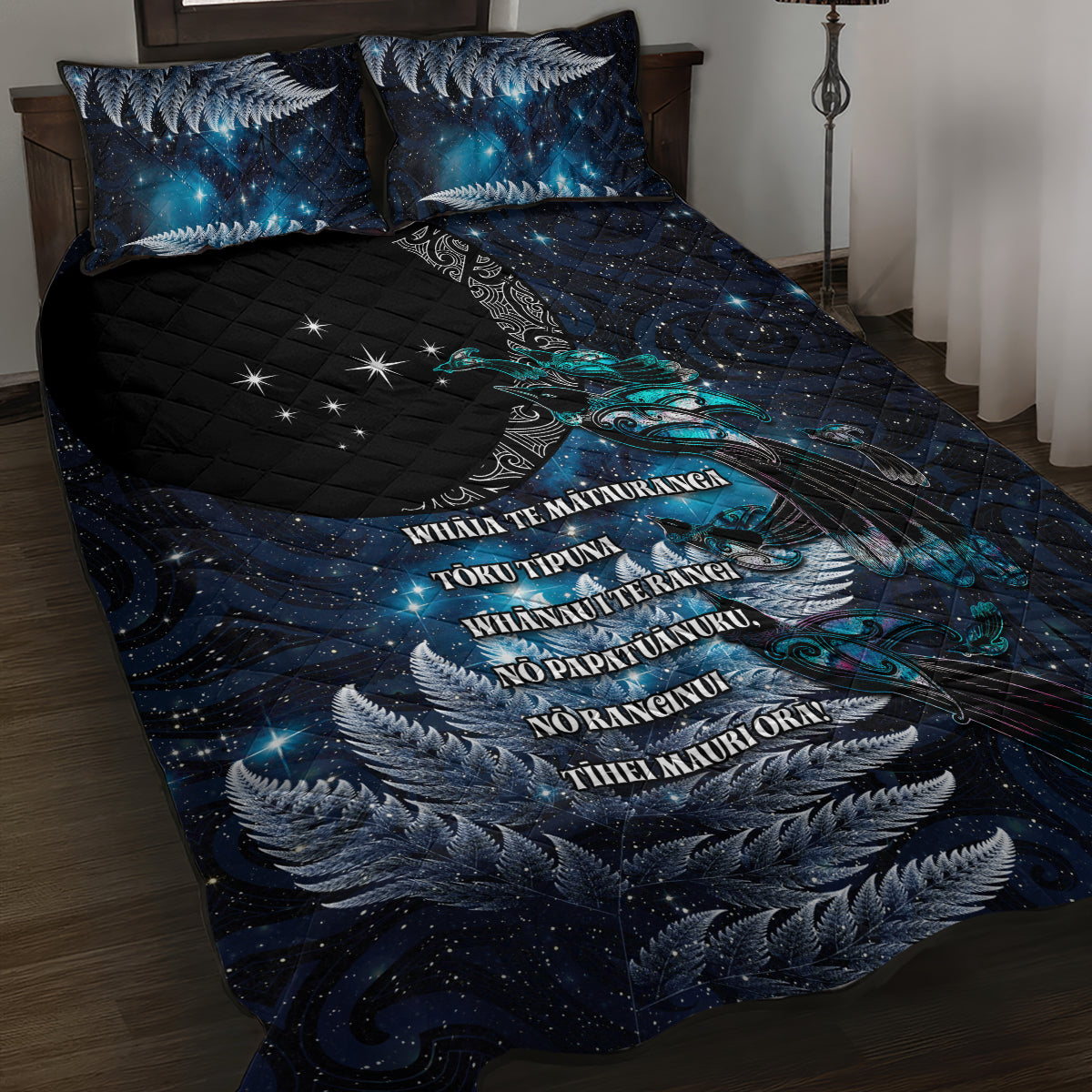 New Zealand Tui Bird Quilt Bed Set Matariki Poetry Pattern Galaxy Style