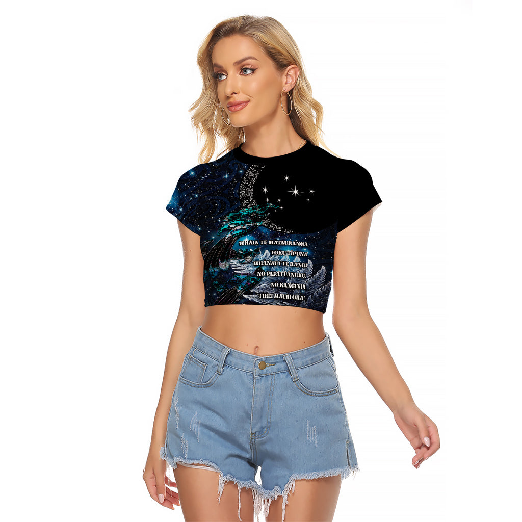 New Zealand Tui Bird Raglan Cropped T Shirt Matariki Poetry Pattern Galaxy Style