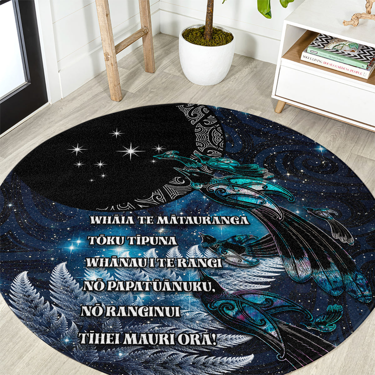 New Zealand Tui Bird Round Carpet Matariki Poetry Pattern Galaxy Style