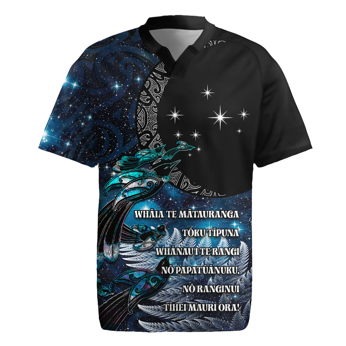 New Zealand Tui Bird Rugby Jersey Matariki Poetry Pattern Galaxy Style