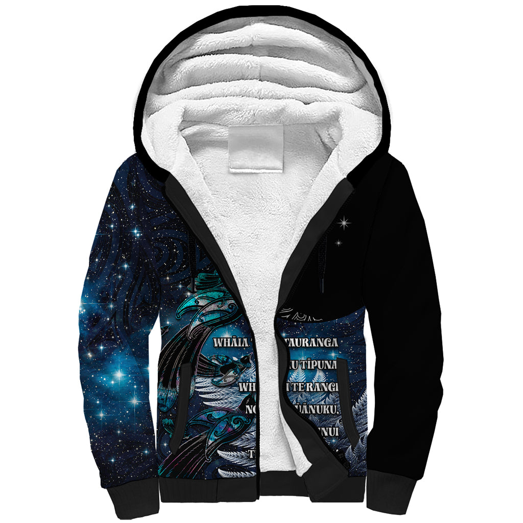 New Zealand Tui Bird Sherpa Hoodie Matariki Poetry Pattern Galaxy Style