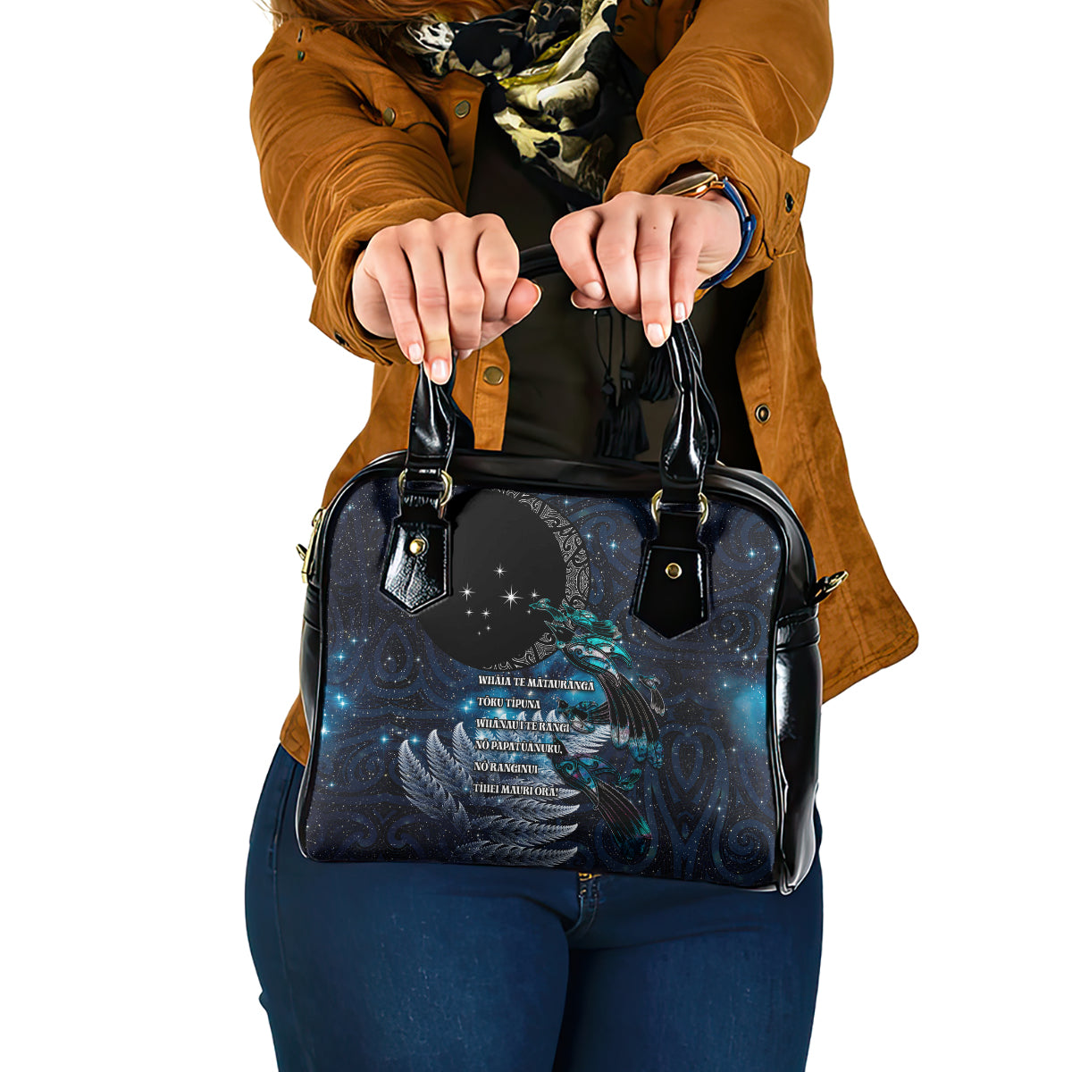 New Zealand Tui Bird Shoulder Handbag Matariki Poetry Pattern Galaxy Style