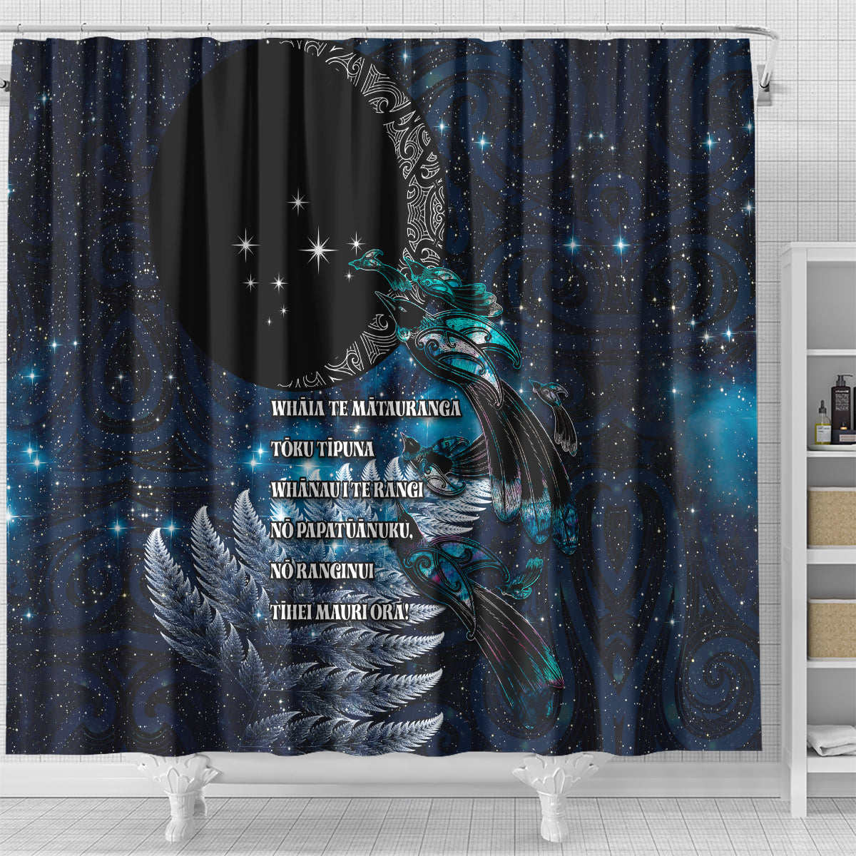 New Zealand Tui Bird Shower Curtain Matariki Poetry Pattern Galaxy Style