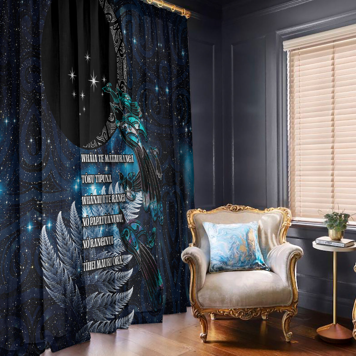 New Zealand Tui Bird Window Curtain Matariki Poetry Pattern Galaxy Style