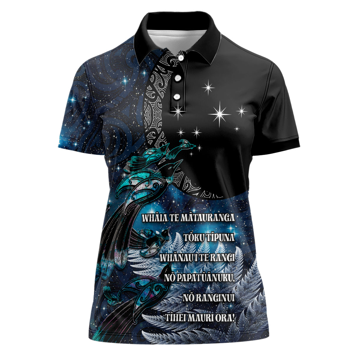 New Zealand Tui Bird Women Polo Shirt Matariki Poetry Pattern Galaxy Style