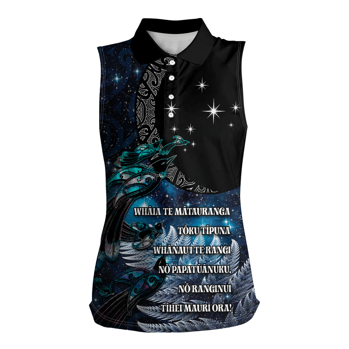 New Zealand Tui Bird Women Sleeveless Polo Shirt Matariki Poetry Pattern Galaxy Style