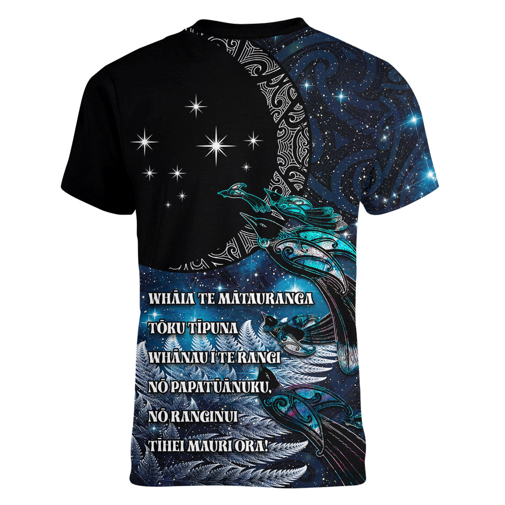 New Zealand Tui Bird Women V-Neck T-Shirt Matariki Poetry Pattern Galaxy Style