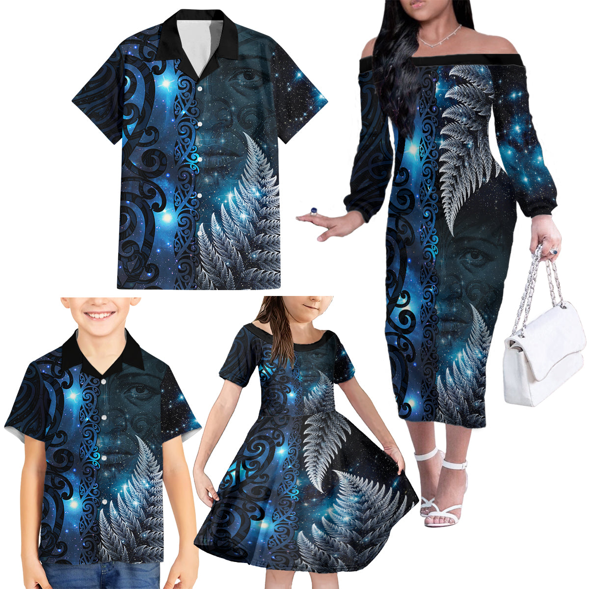 New Zealand Matariki Family Matching Off The Shoulder Long Sleeve Dress and Hawaiian Shirt The Tribal Maori Face and Silver Fern