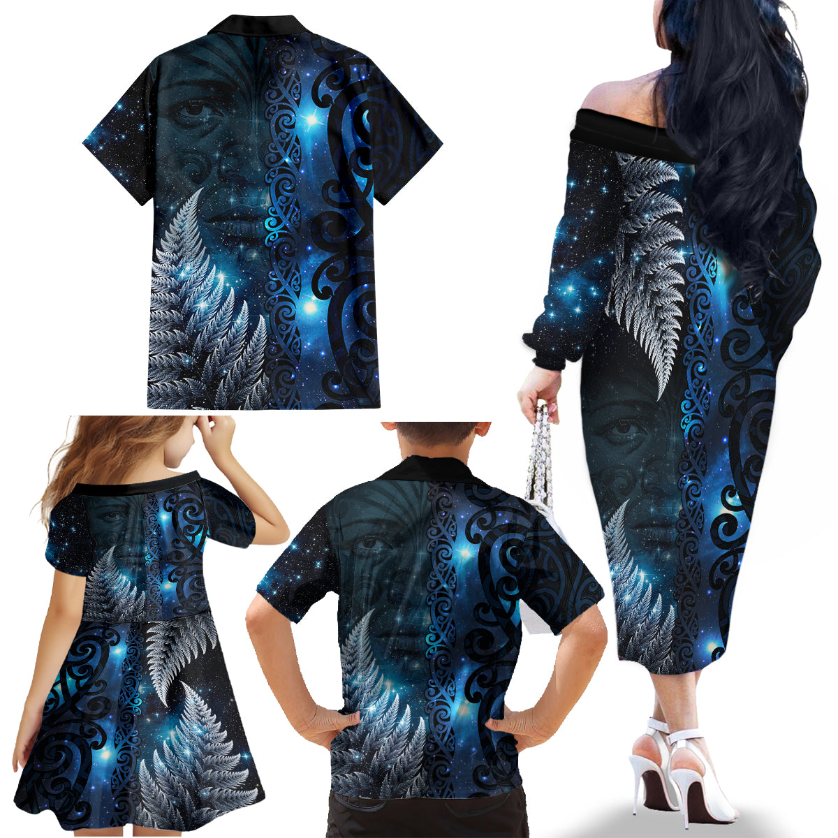 New Zealand Matariki Family Matching Off The Shoulder Long Sleeve Dress and Hawaiian Shirt The Tribal Maori Face and Silver Fern