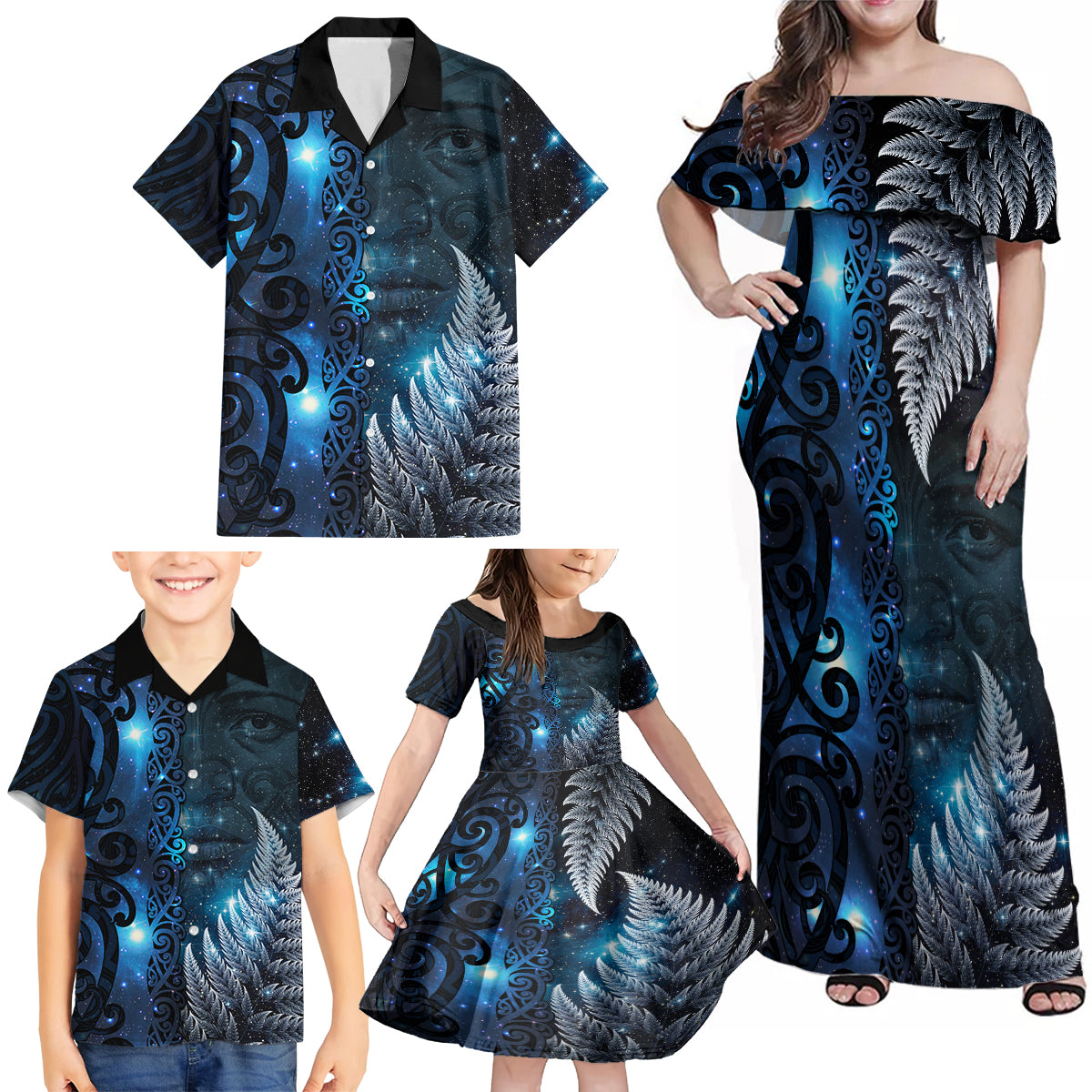 New Zealand Matariki Family Matching Off Shoulder Maxi Dress and Hawaiian Shirt The Tribal Maori Face and Silver Fern