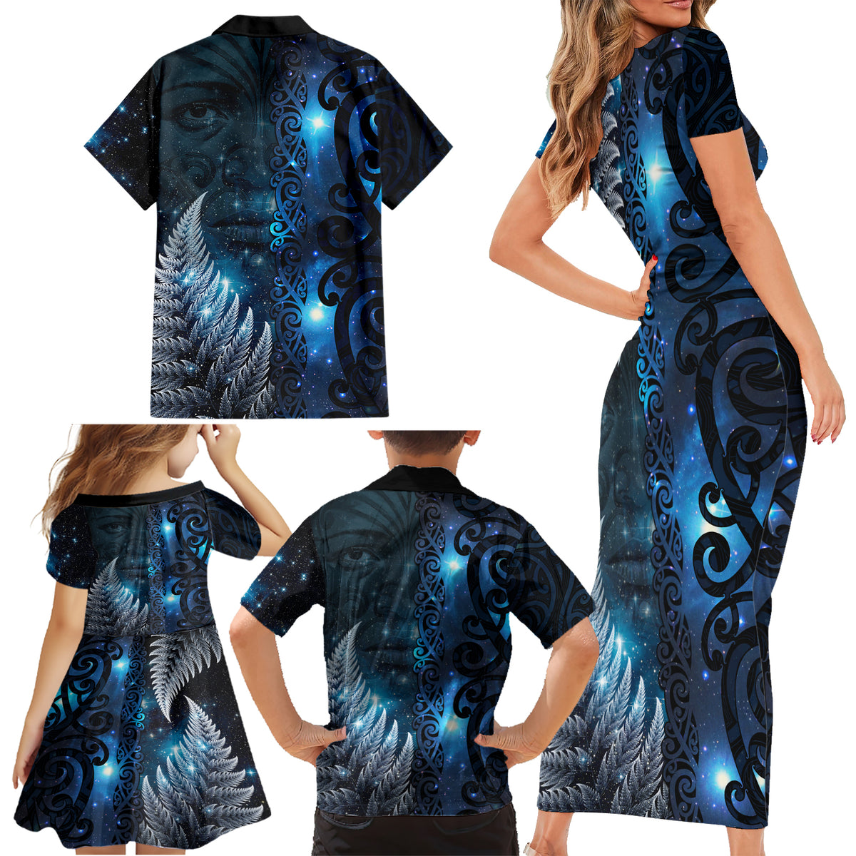 New Zealand Matariki Family Matching Short Sleeve Bodycon Dress and Hawaiian Shirt The Tribal Maori Face and Silver Fern
