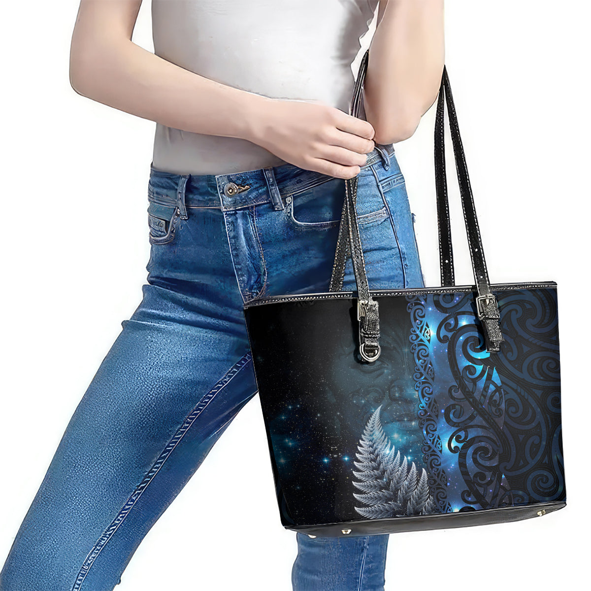New Zealand Matariki Leather Tote Bag The Tribal Maori Face and Silver Fern