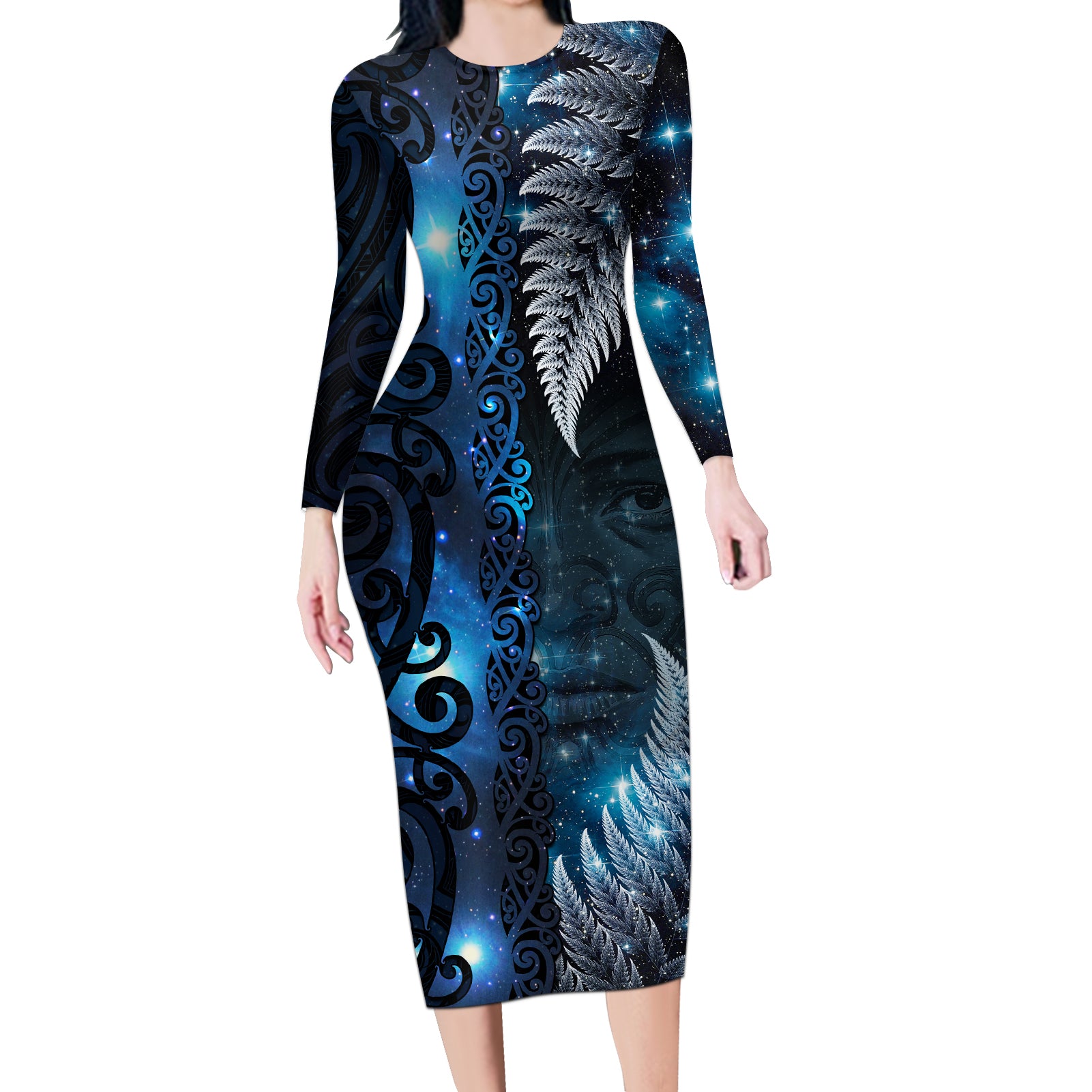 New Zealand Matariki Long Sleeve Bodycon Dress The Tribal Maori Face and Silver Fern