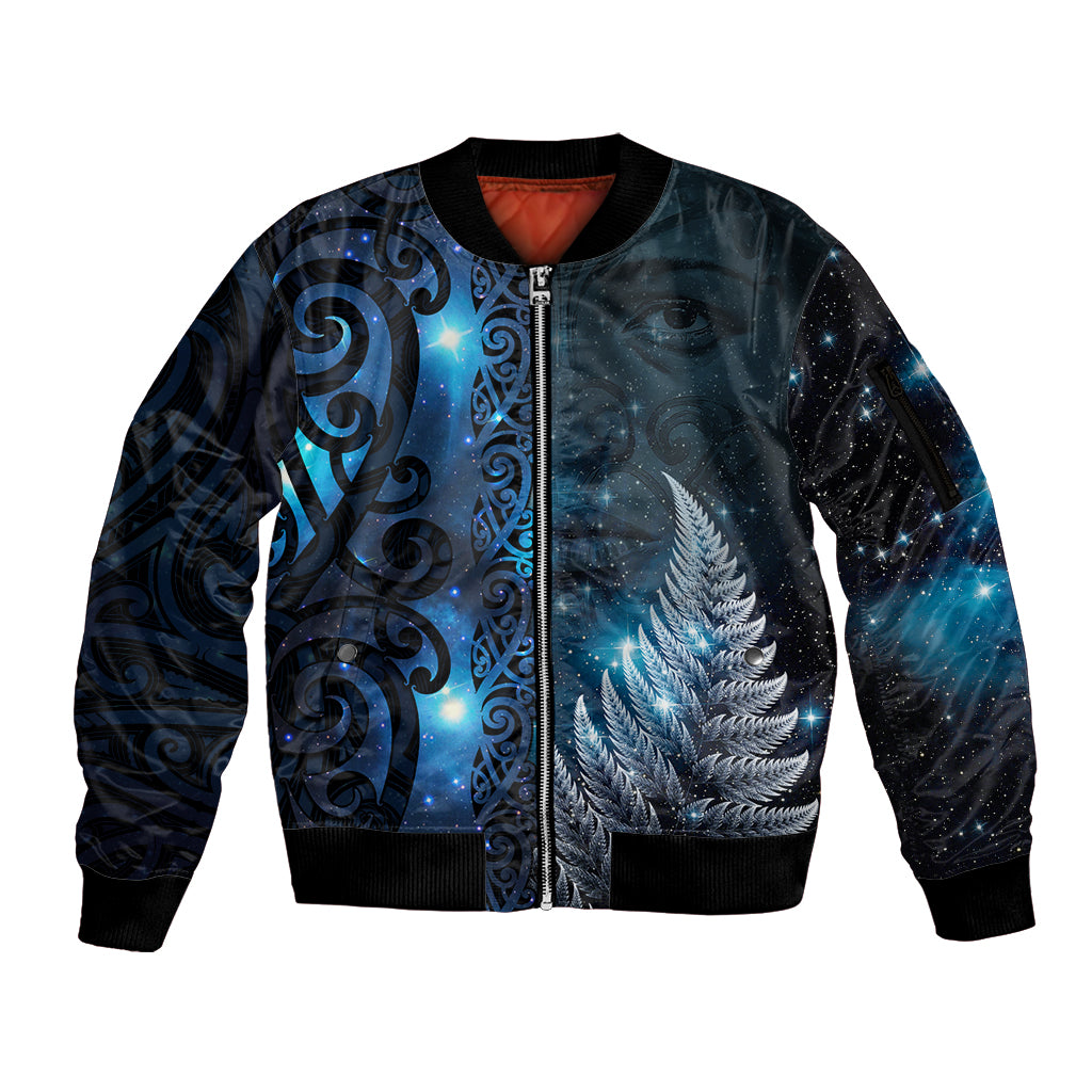 New Zealand Matariki Sleeve Zip Bomber Jacket The Tribal Maori Face and Silver Fern