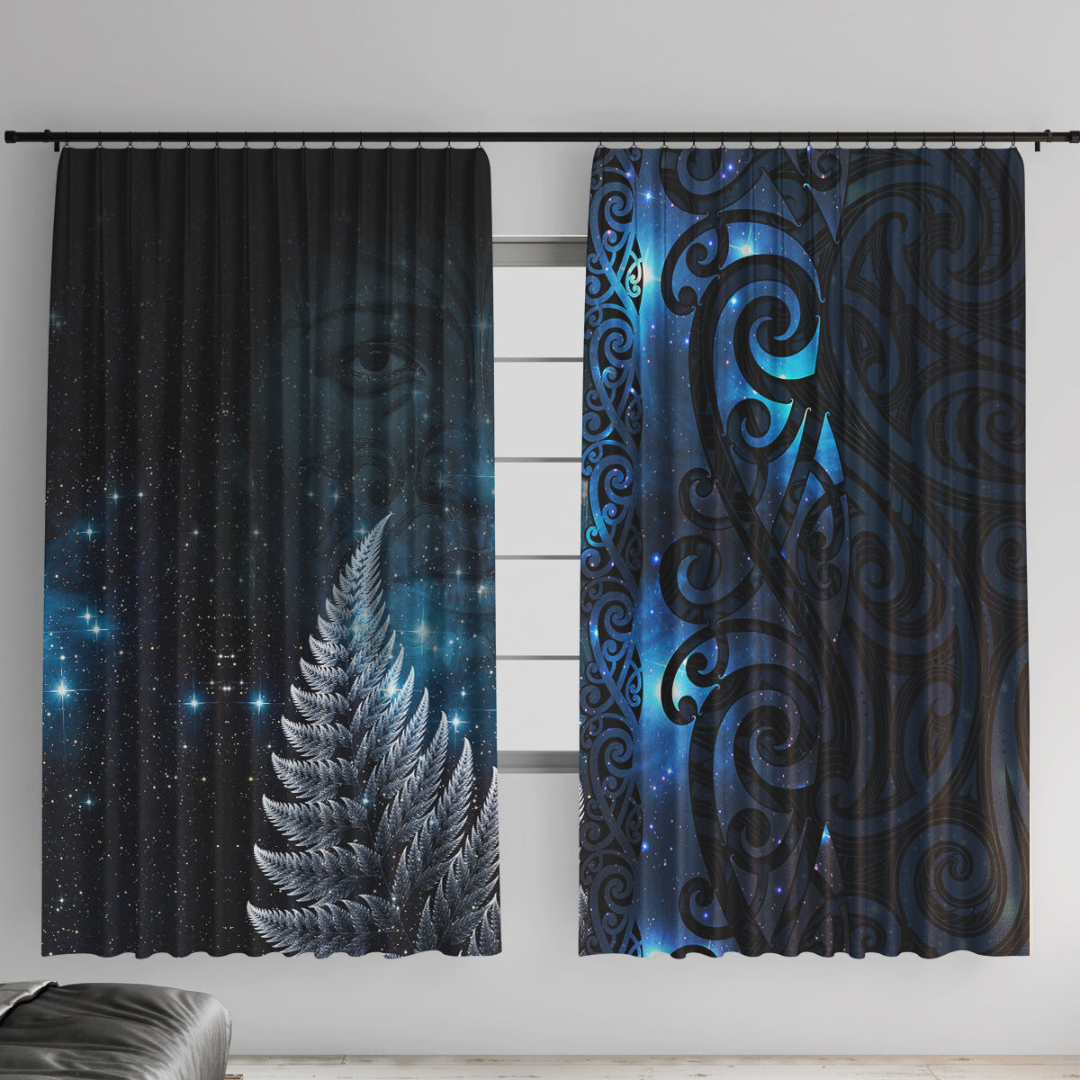 New Zealand Matariki Window Curtain The Tribal Maori Face and Silver Fern