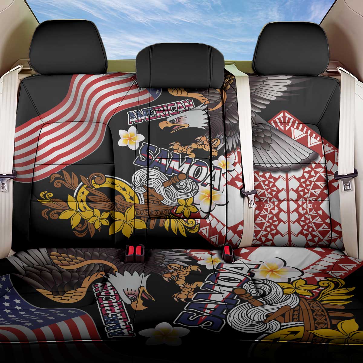 United States and American Samoa Together Back Car Seat Cover Bald Eagle and Polynesian Traditional Culture with Plumeria