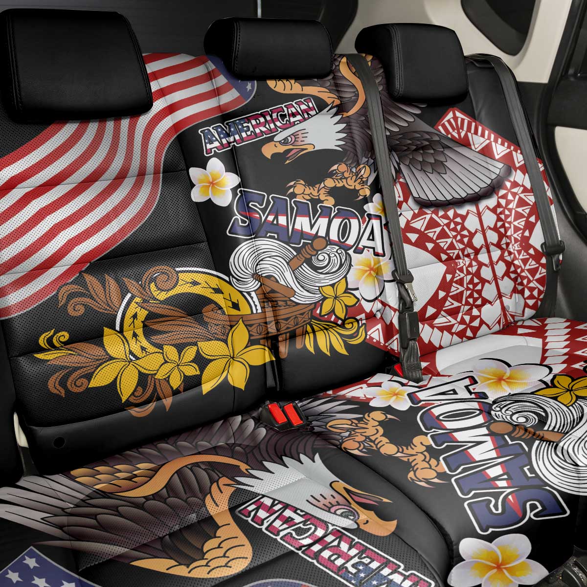 United States and American Samoa Together Back Car Seat Cover Bald Eagle and Polynesian Traditional Culture with Plumeria