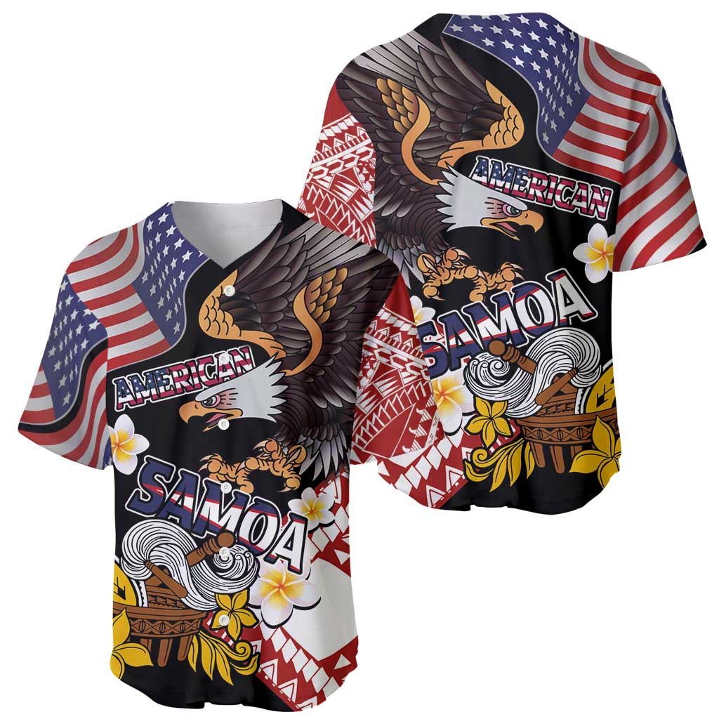 United States and American Samoa Together Baseball Jersey Bald Eagle and Polynesian Traditional Culture with Plumeria