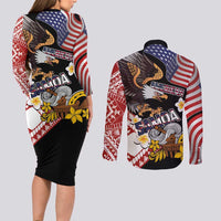 United States and American Samoa Together Couples Matching Long Sleeve Bodycon Dress and Long Sleeve Button Shirt Bald Eagle and Polynesian Traditional Culture with Plumeria