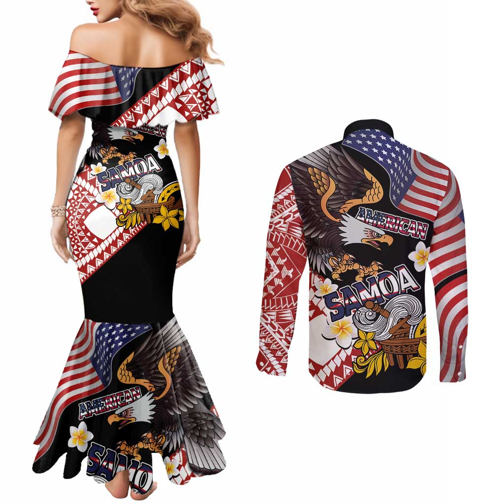 United States and American Samoa Together Couples Matching Mermaid Dress and Long Sleeve Button Shirt Bald Eagle and Polynesian Traditional Culture with Plumeria