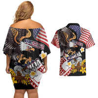United States and American Samoa Together Couples Matching Off Shoulder Short Dress and Hawaiian Shirt Bald Eagle and Polynesian Traditional Culture with Plumeria