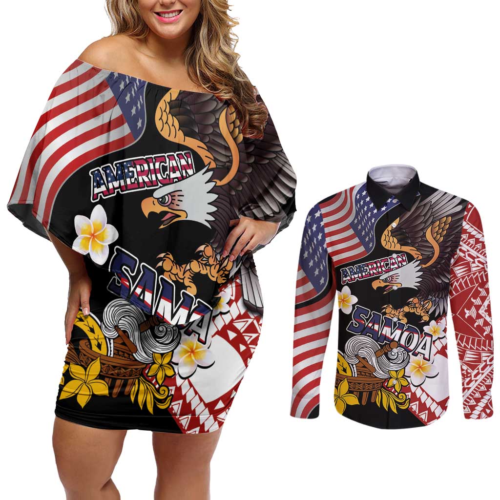 United States and American Samoa Together Couples Matching Off Shoulder Short Dress and Long Sleeve Button Shirt Bald Eagle and Polynesian Traditional Culture with Plumeria