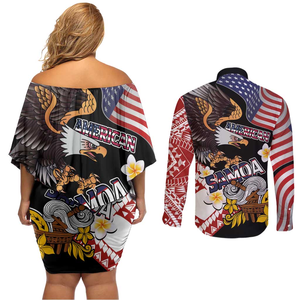 United States and American Samoa Together Couples Matching Off Shoulder Short Dress and Long Sleeve Button Shirt Bald Eagle and Polynesian Traditional Culture with Plumeria