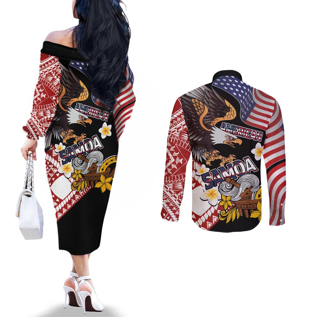 United States and American Samoa Together Couples Matching Off The Shoulder Long Sleeve Dress and Long Sleeve Button Shirt Bald Eagle and Polynesian Traditional Culture with Plumeria