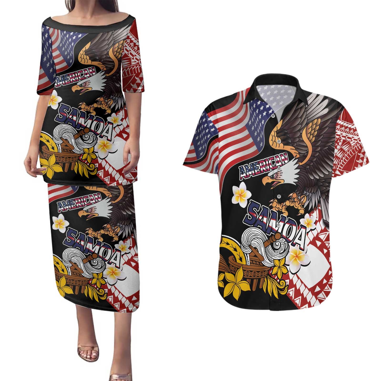 United States and American Samoa Together Couples Matching Puletasi and Hawaiian Shirt Bald Eagle and Polynesian Traditional Culture with Plumeria