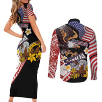 United States and American Samoa Together Couples Matching Short Sleeve Bodycon Dress and Long Sleeve Button Shirt Bald Eagle and Polynesian Traditional Culture with Plumeria