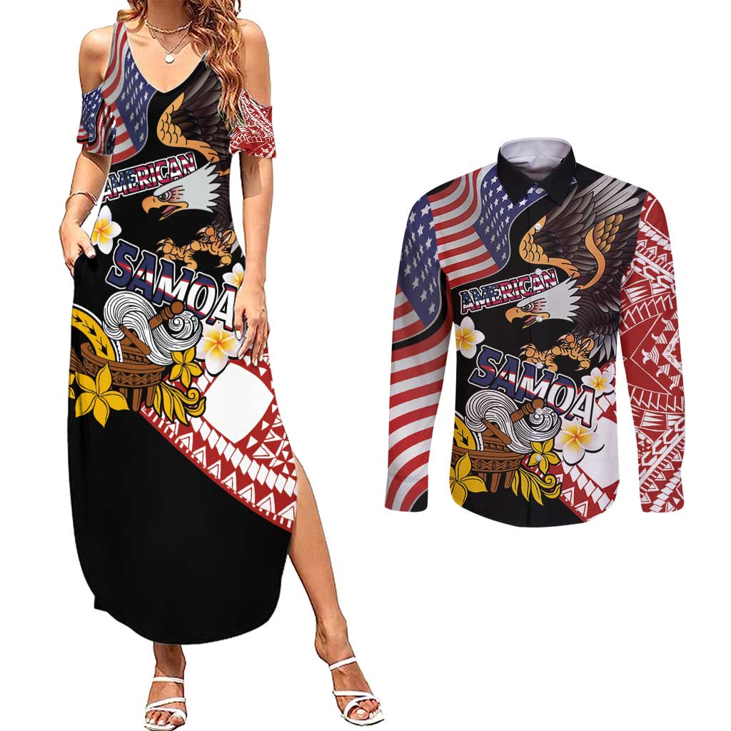 United States and American Samoa Together Couples Matching Summer Maxi Dress and Long Sleeve Button Shirt Bald Eagle and Polynesian Traditional Culture with Plumeria