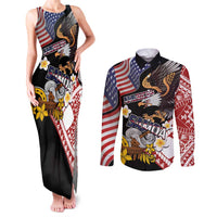 United States and American Samoa Together Couples Matching Tank Maxi Dress and Long Sleeve Button Shirt Bald Eagle and Polynesian Traditional Culture with Plumeria