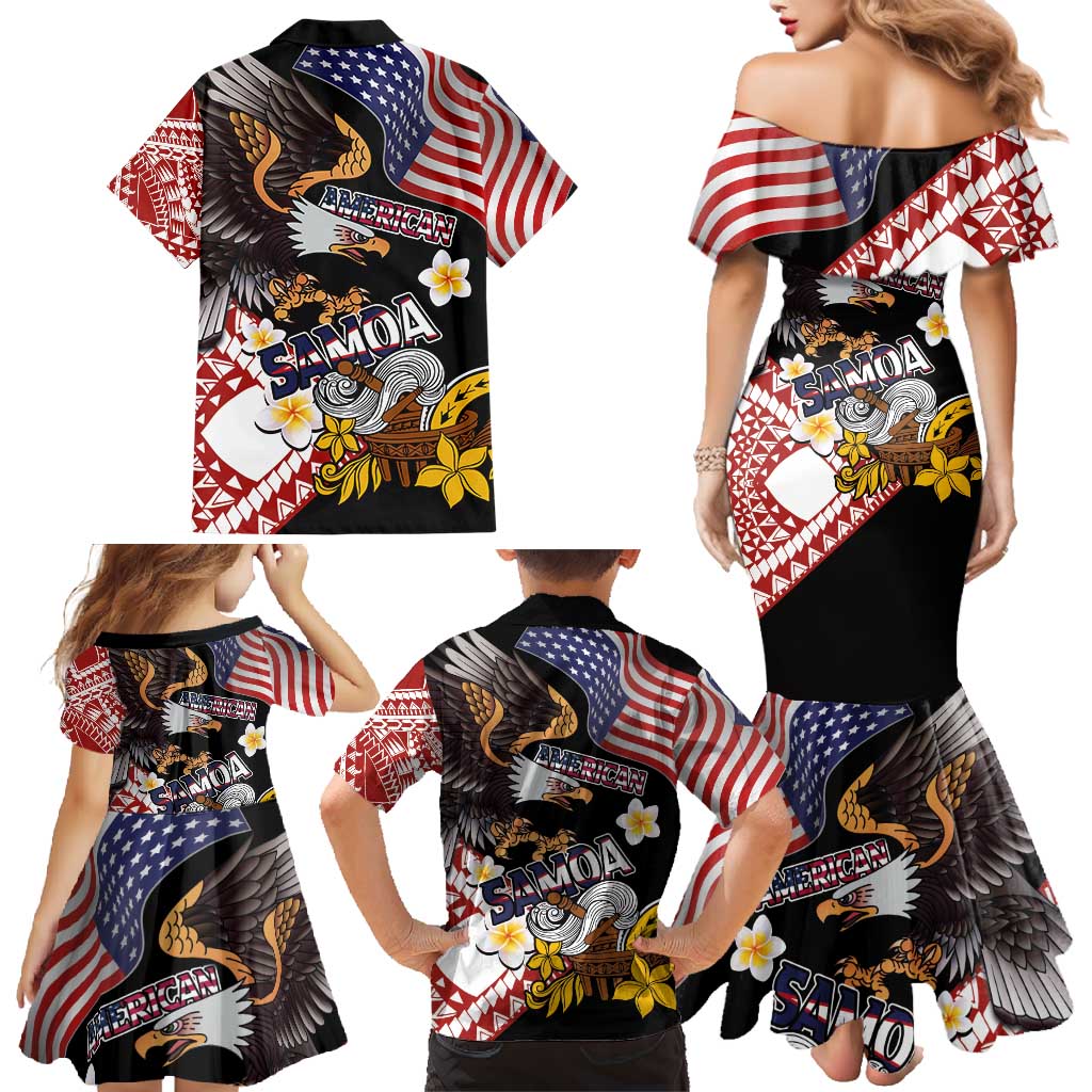 United States and American Samoa Together Family Matching Mermaid Dress and Hawaiian Shirt Bald Eagle and Polynesian Traditional Culture with Plumeria