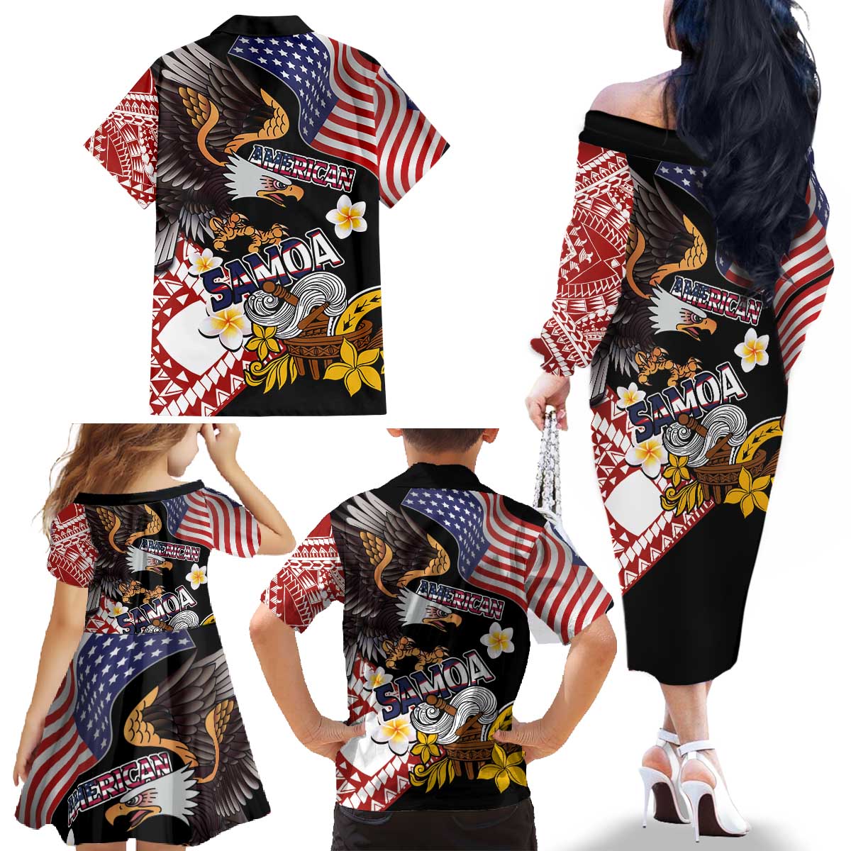 United States and American Samoa Together Family Matching Off The Shoulder Long Sleeve Dress and Hawaiian Shirt Bald Eagle and Polynesian Traditional Culture with Plumeria