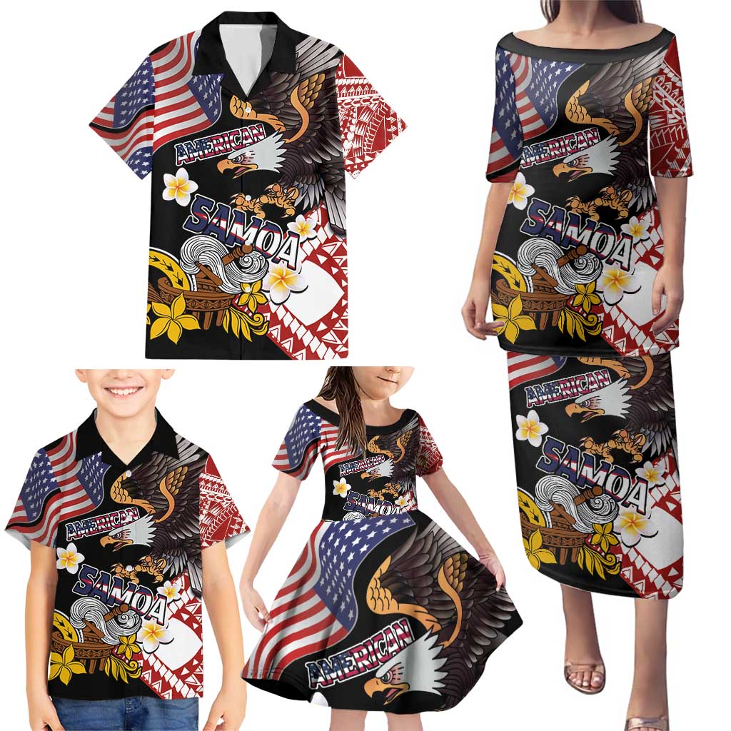 United States and American Samoa Together Family Matching Puletasi and Hawaiian Shirt Bald Eagle and Polynesian Traditional Culture with Plumeria