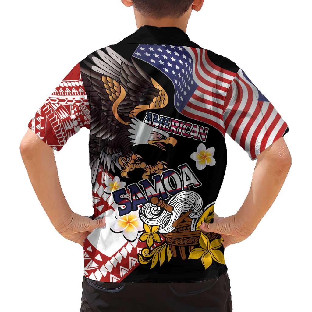 United States and American Samoa Together Family Matching Short Sleeve Bodycon Dress and Hawaiian Shirt Bald Eagle and Polynesian Traditional Culture with Plumeria