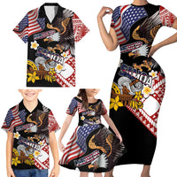 United States and American Samoa Together Family Matching Short Sleeve Bodycon Dress and Hawaiian Shirt Bald Eagle and Polynesian Traditional Culture with Plumeria