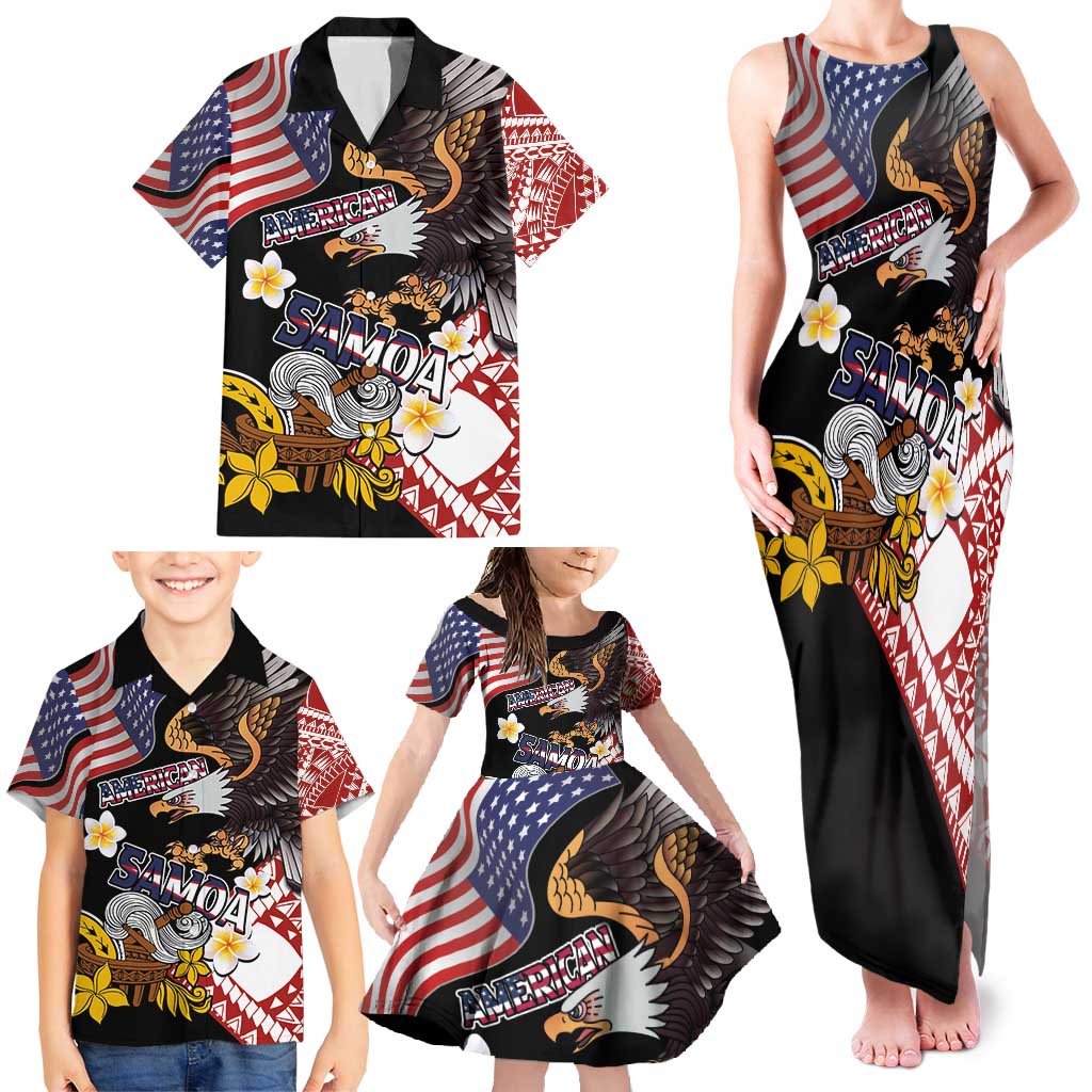 United States and American Samoa Together Family Matching Tank Maxi Dress and Hawaiian Shirt Bald Eagle and Polynesian Traditional Culture with Plumeria
