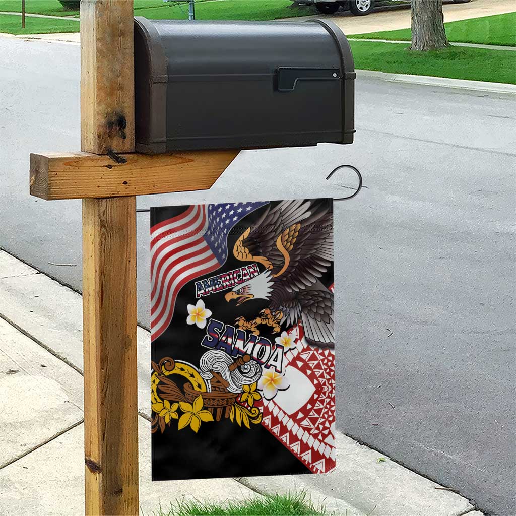 United States and American Samoa Together Garden Flag Bald Eagle and Polynesian Traditional Culture with Plumeria