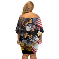 United States and American Samoa Together Off Shoulder Short Dress Bald Eagle and Polynesian Traditional Culture with Plumeria