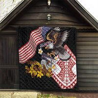 United States and American Samoa Together Quilt Bald Eagle and Polynesian Traditional Culture with Plumeria