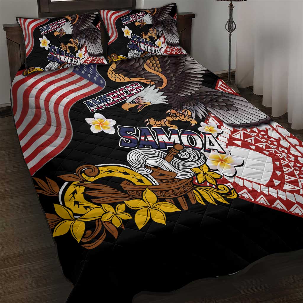 United States and American Samoa Together Quilt Bed Set Bald Eagle and Polynesian Traditional Culture with Plumeria