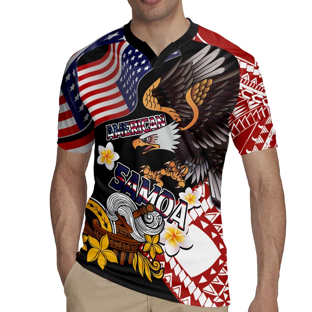 United States and American Samoa Together Rugby Jersey Bald Eagle and Polynesian Traditional Culture with Plumeria