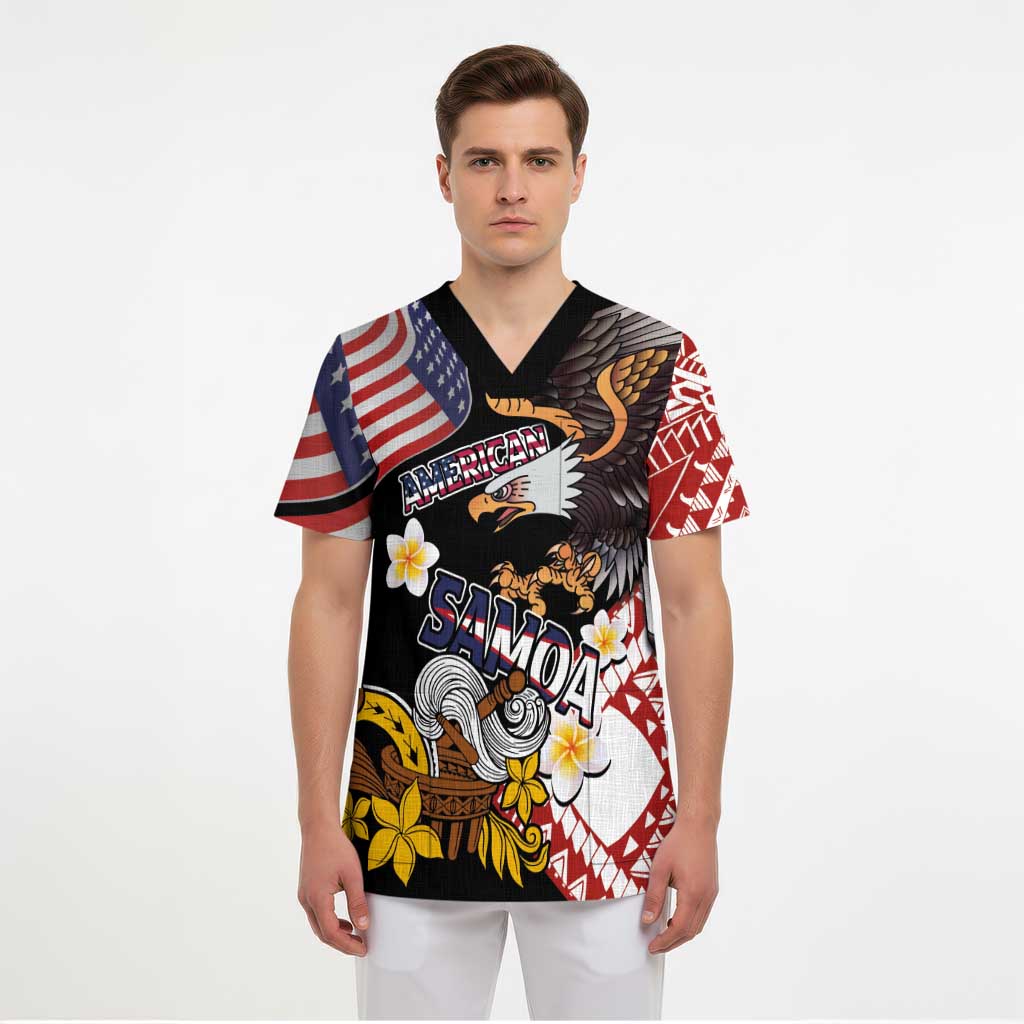 United States and American Samoa Together Scrub Top Bald Eagle and Polynesian Traditional Culture with Plumeria LT03 - Polynesian Pride
