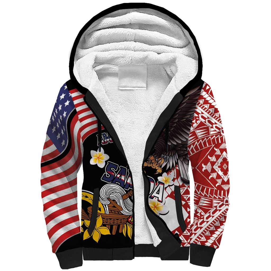 United States and American Samoa Together Sherpa Hoodie Bald Eagle and Polynesian Traditional Culture with Plumeria