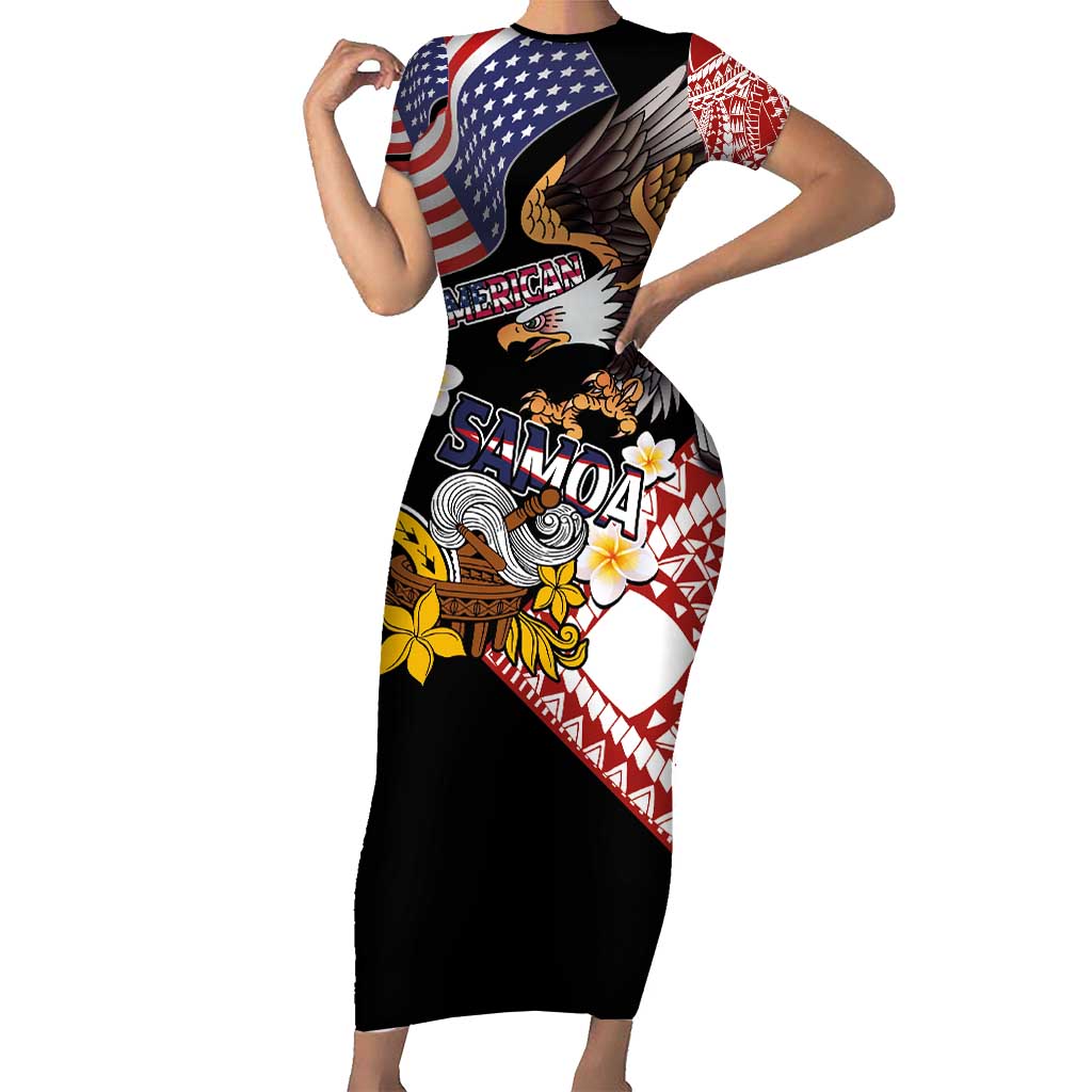 United States and American Samoa Together Short Sleeve Bodycon Dress Bald Eagle and Polynesian Traditional Culture with Plumeria