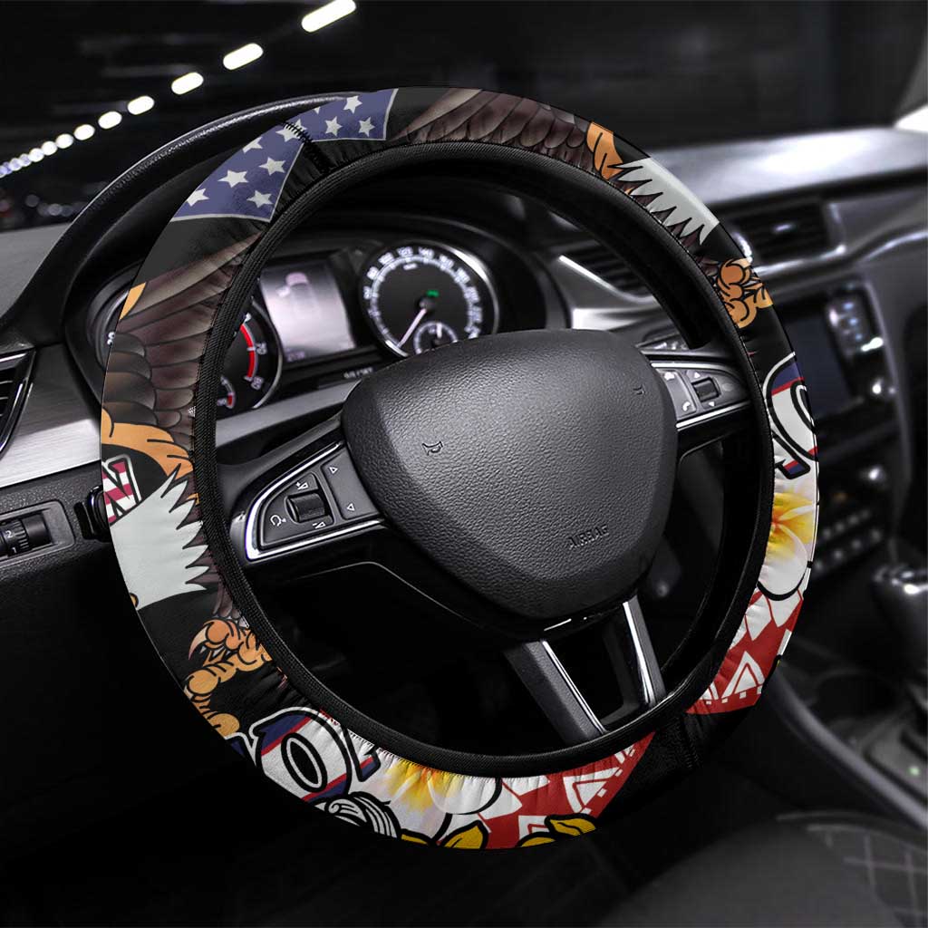 United States and American Samoa Together Steering Wheel Cover Bald Eagle and Polynesian Traditional Culture with Plumeria